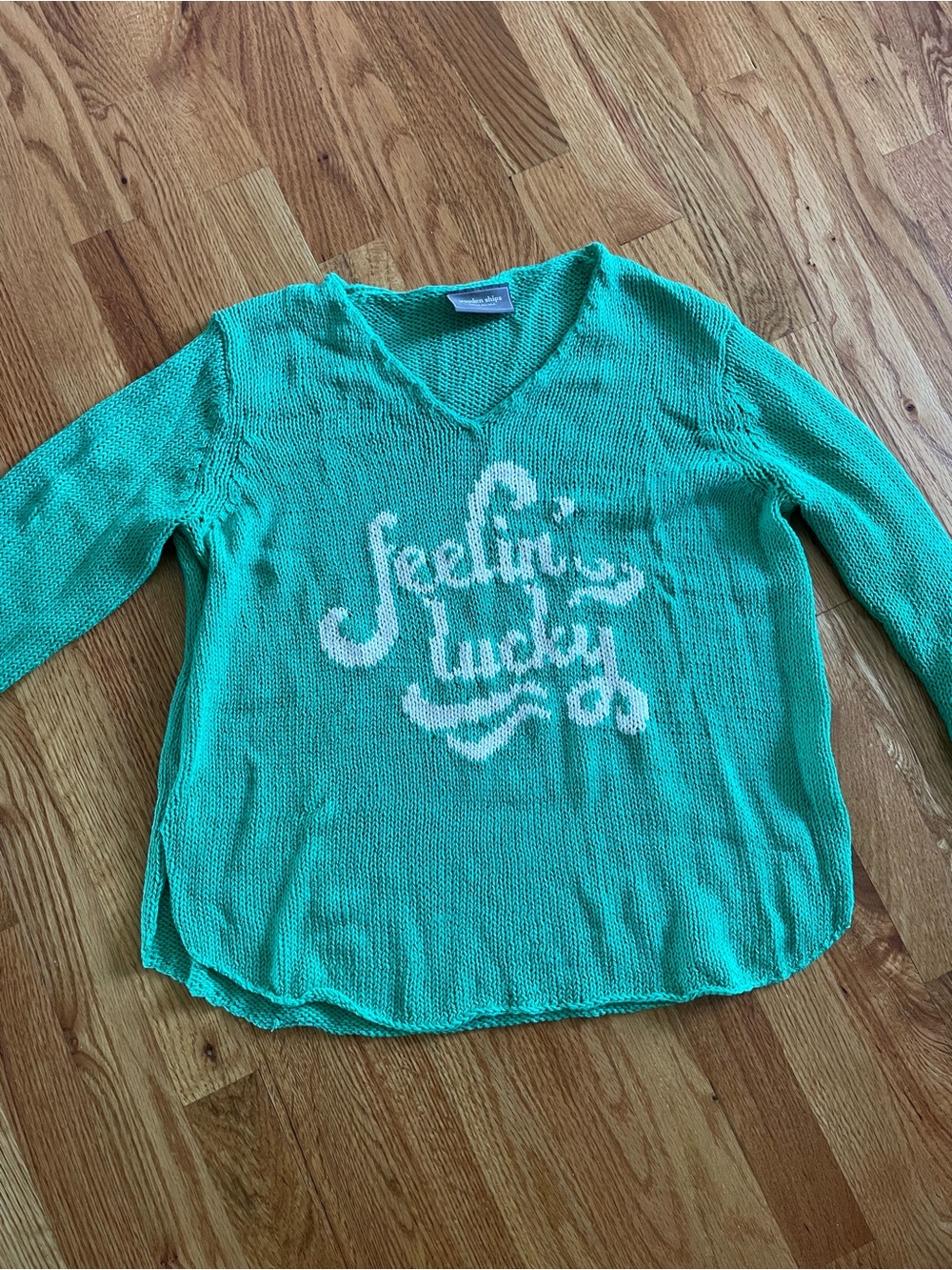 Wooden Ships Mint Green "Feeling Lucky" V-Neck Sweater
